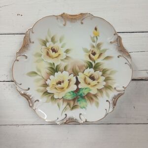 Vintage Hand Painted Porcelain Plate Yellow Roses Floral Gold Trim French Countr